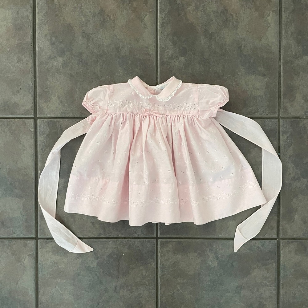 Vintage Nannette Light Pink Baby Girl Dress eyelid, lace around the Collar Stain